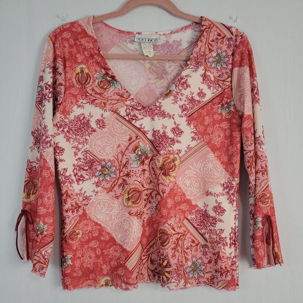 Vintage Floral Patchwork V-neck Top size L Pink Multi 90s Y2K Boho Cottage USA